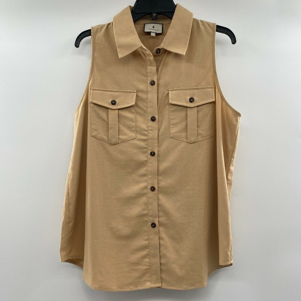 Tuckernuck Sleeveless Khaki Linen Steele Button Down Blouse Top Shirt Collar XS